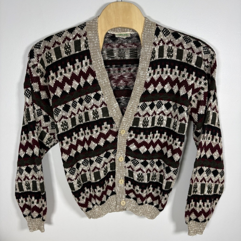 Ash Creek Trading Vintage Fair Isle Cardigan Sweater Large Burgundy Green USA
